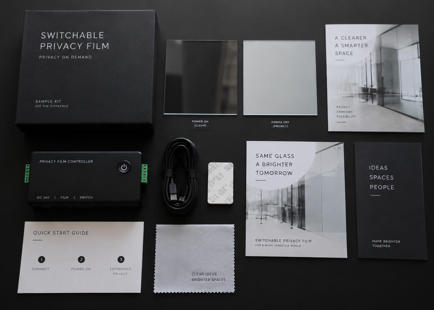 Smart film sample kit with switchable film squares, controller, and printed materials